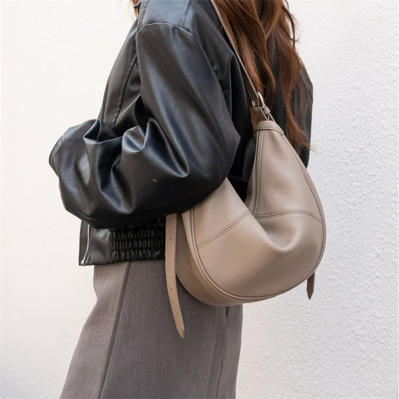 Leather Work Bag Women - BURMINSA 여성용 정품 가죽 크레센트 호보