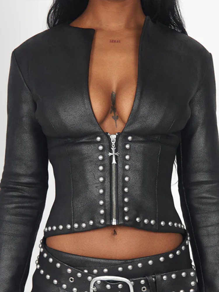 패션 리벳 장식 PU 가죽 자켓 스커트 슈트 여성 지퍼 - Leather Work Jacket 리뷰 및 가격